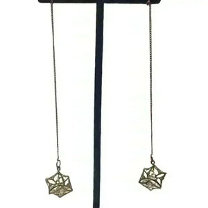 Vintage Earrings Long Dangle Chain Geometric 3D Box With Clear Crystals 1980s